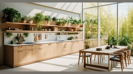Fototapeta premium Modern kitchen with wooden cabinetry and green plants, Fresh living space.