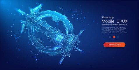 Futuristic Space Station Structure with Polygonal Design on Starry Background. Space orbital satellite on the blue background. Isolated vector illustration