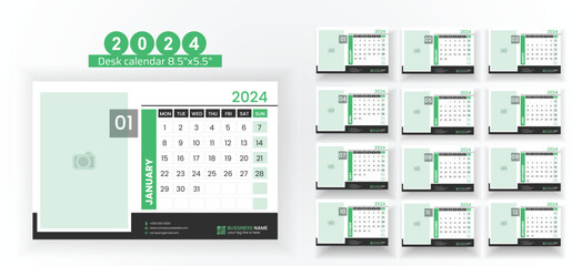 2024 Desk Calendar Planner Templates for a company or home. Simple full page calendar in vector format with Monday as the start of the week. - obrazy, fototapety, plakaty