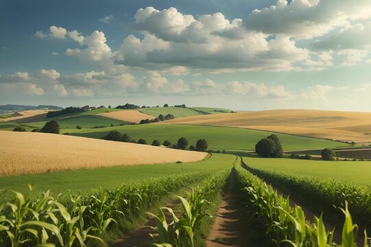green and ripe corn fields are seen in this photo with clouds