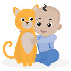 Baby with сat. Pets and kids.  Vector flat illustration. Cartoon people design. Suitable for animation, using in web, apps, books, education projects
