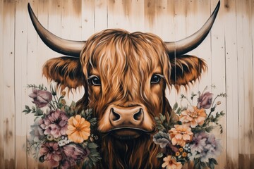Bull head with flowers on the wooden background. Digital painting. Vintage style, Beautiful watercolor highland cow with flowers on her heand floral headboard, AI Generated