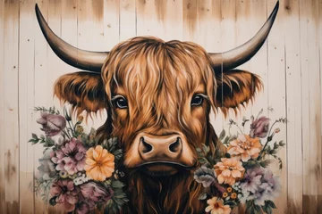 Photo sur Plexiglas Highlander écossais Bull head with flowers on the wooden background. Digital painting. Vintage style, Beautiful watercolor highland cow with flowers on her heand floral headboard, AI Generated