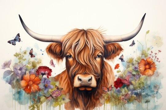 Watercolor portrait of a bull with flowers on a white background, Beautiful watercolor highland cow with flowers on her heand floral headboard, AI Generated
