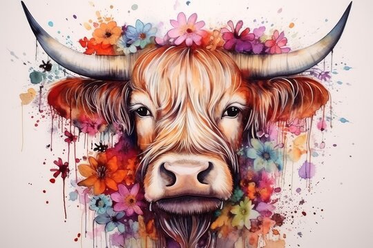 Watercolor portrait of a cow with flowers on a white background, Beautiful watercolor highland cow with flowers on her heand floral headboard, AI Generated