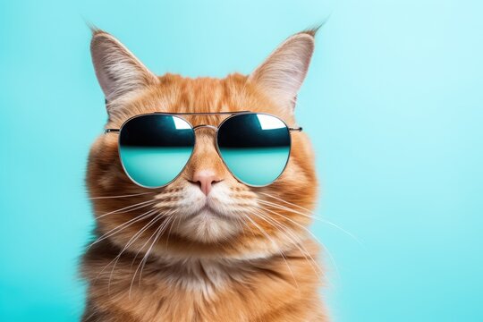 Portrait of red cat wearing sunglasses and looking at camera on blue background, Closeup portrait of funny ginger cat wearing sunglasses isolated on light cyan, AI Generated