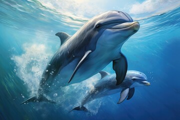 Dolphins swimming underwater in the ocean. 3D rendering. Underwater world, dolphins swimming in the water, AI Generated