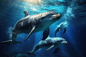 Obraz premium Dolphins swimming in the deep blue sea. 3d rendering, dolphins swimming in the water, AI Generated