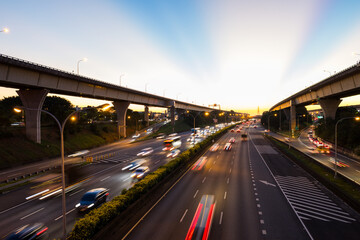 Fototapeta na wymiar Taipei traffic highway express under the sunset