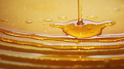 A spoonful of honey blanket a pancake with sweet glimmering syrup, delectably delicious.