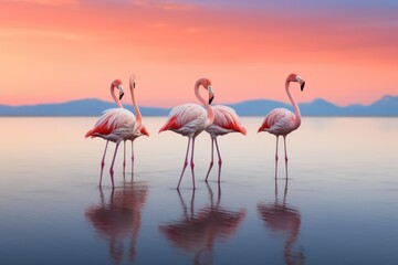 Obraz premium Flamingo in the salt lake at sunset. Group of pink flamingos, Four Flamingos walking across a sandbar in perfect unison, AI Generated