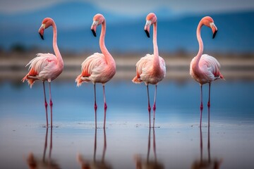 Group of pink flamingos standing in the water, Camargue, France, Four Flamingos walking across a sandbar in perfect unison, AI Generated
