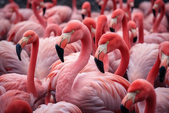 Flamingos in the natural habitat, closeup of photo, flocks of flamingo, AI Generated