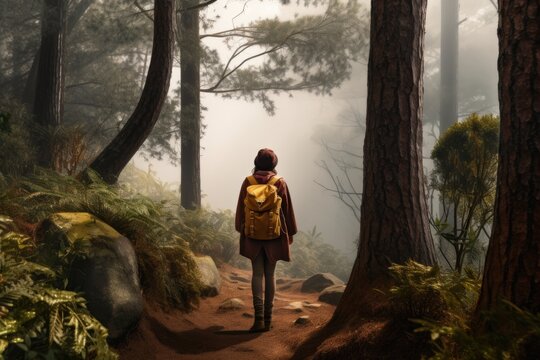 A woman with a backpack and a yellow jacket is walking in the forest, forest and mature woman on hiking journey, AI Generated