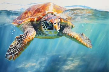 Foto op Canvas Hawksbill Sea Turtle swimming underwater in the ocean, 3d illustration, Green sea turtle from the island of Cyprus, AI Generated © Ifti Digital