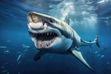 Great White Shark Carcharodon carcharias in the blue ocean, Great white shark underwater view,...