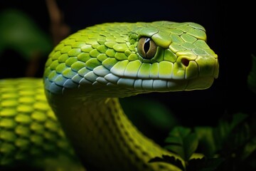 Fototapeta premium Close-up of a green pit viper Naja sp, Green ratsnake, Gonyosoma oxycephalum, AI Generated