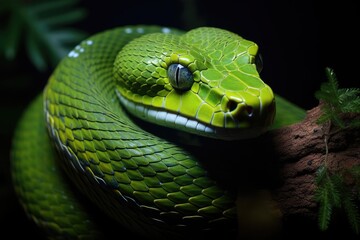 Fototapeta premium Green pit viper Reticulated pit viper on dark background, Green ratsnake, Gonyosoma oxycephalum, AI Generated