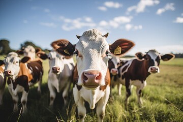 Herd of cows grazing in a meadow on a sunny day, Group of cows standing in a grassy field, AI Generated