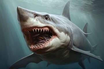 Great white shark with open mouth and sharp teeth. 3D illustration, Hamerhead shark portrait, AI...