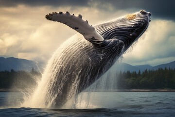 Humpback whale splashing out of the water, Alaska, Happy whale breaching, AI Generated