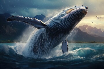 Humpback whale in stormy sea. 3D illustration, Happy whale breaching, AI Generated