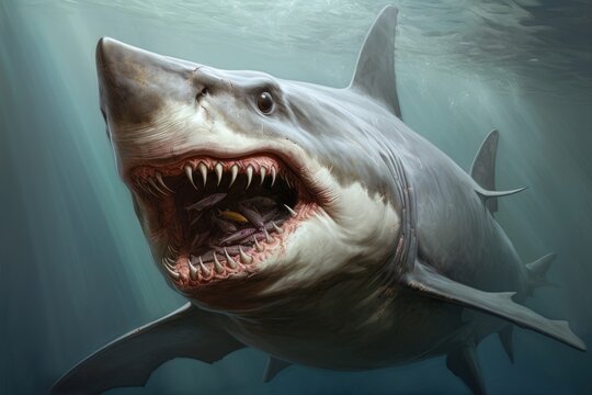 Great white shark with open mouth and sharp teeth. 3D illustration, Hamerhead shark portrait, AI Generated