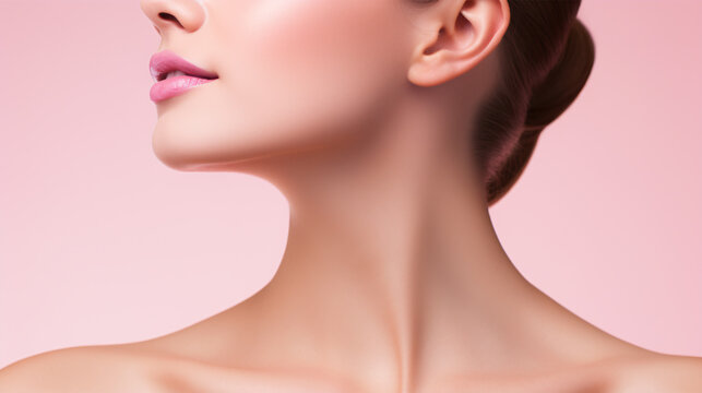 A stunning caucasian woman with flawless skin is shown with her neck and collarbones isolated on a pink studio background, representing natural beauty