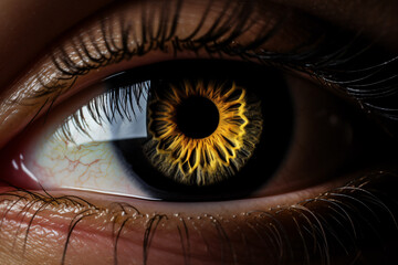 A macro photograph of an eye's iris on a dark backdrop.