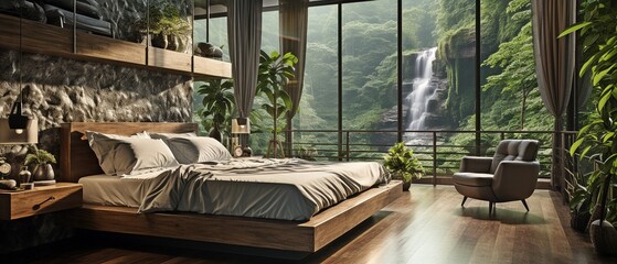 A bedroom overlooking a forest with waterfalls - obrazy, fototapety, plakaty