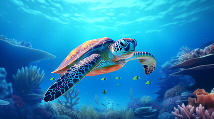 Naklejka na ściany i meble sea turtle swimming in the sea, ocean background, colorful,generative ai