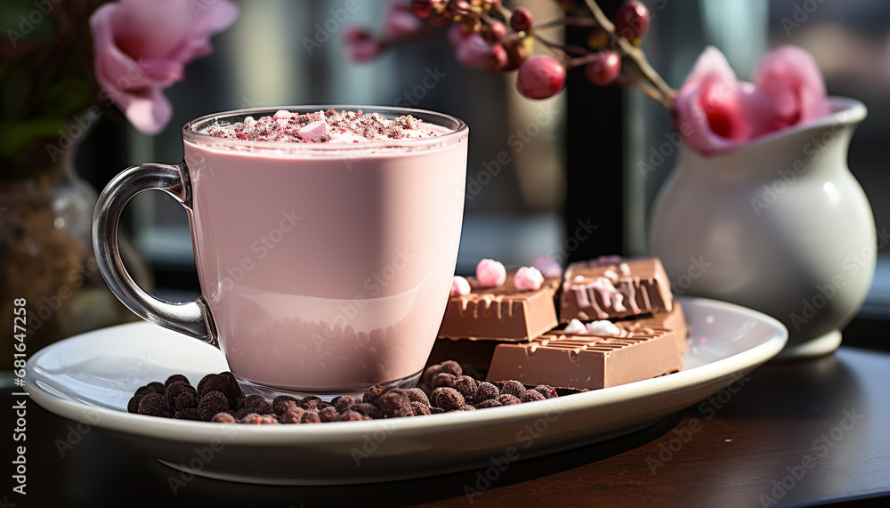 Poster freshness and indulgence on a rustic table with gourmet chocolate generated by ai