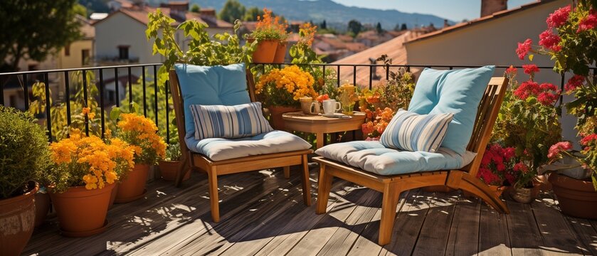 Gorgeous balcony or terrace with chairs for outdoor use, vibrant décor, and green planted flowers.