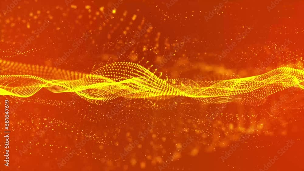 Poster flowing yellow dots and particles background. abstract digital particle and dots wave and light abst