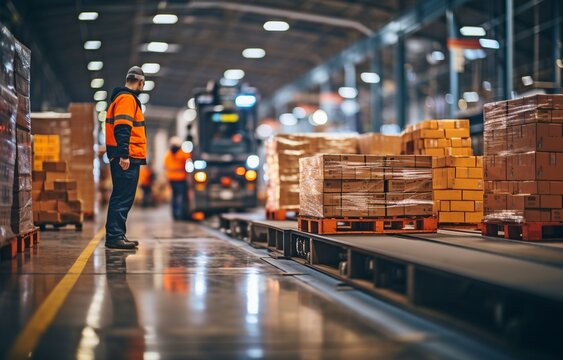 blurry photo of warehouse workers in motion, skillfully shifting shipment boxes to highlight the dynamics of international commerce operations.