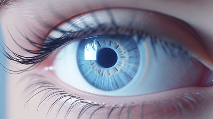 Fototapeta premium A 6K resolution view of a perfect blue eye in a sterile environment, focusing precisely on the notion of a healthy future.