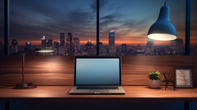 A close-up view of a contemporary, ebony desk illuminated by a lamp, with a PC, extras, and room to show items, rendered in 3D.