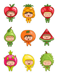 Cute children in fruit costumes. Funny boys and girls cartoon characters in clothes apple, pineapple, strawberry, pear, orange, watermelon, pitaya, lemon, durian. Hand drawn style. Vector drawing.