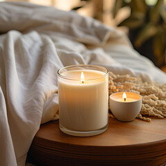 blank scented candle glass mock up on the bedroom background