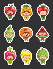 Cute children in fruit costumes. Sticker Bookmark. Funny boys and girls cartoon characters in clothes apple, pineapple, strawberry, pear, orange, watermelon, pitaya, lemon, durian.