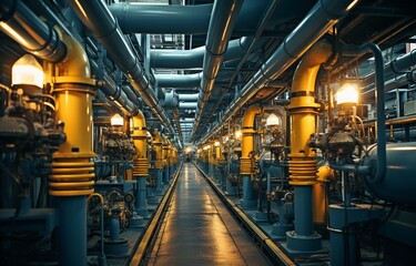 Inside a contemporary industrial power plant: apparatus, wires, and pipelines . - obrazy, fototapety, plakaty