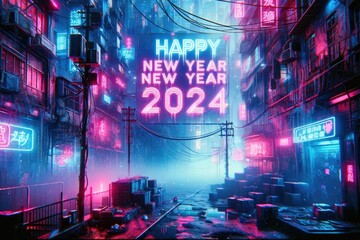 Happy New Year 2024 background, street scene with neon lights and a sign Happy New Year 2024 in a futuristic cyberpunk setting.
