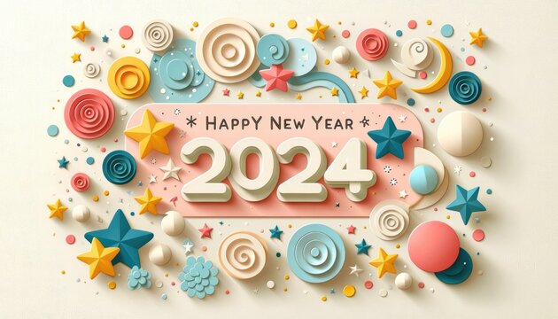 Happy New Year 2024 background, 3D paper art style celebration with layered ribbons, stars and balloons.