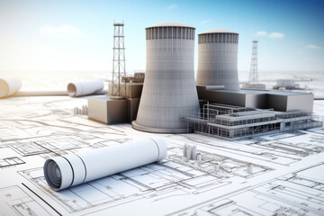 Obraz premium Nuclear plant cooling towers with engineering blueprints