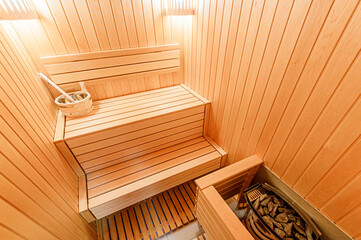 interior apartment room wooden bath, sauna steam