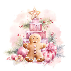 Watercolor Pink Christmas Ginger Bread Cookies