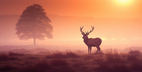 Mighty red deer standing in the savanna with dense fog in the morning, autumn theme