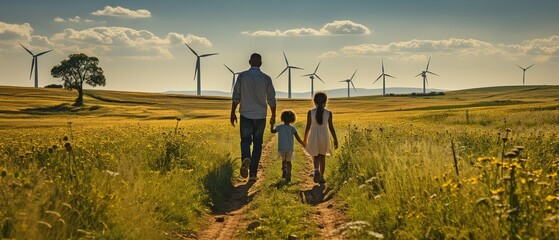 a family in the neighbourhood with alternative energy sources, such as wind turbines. - obrazy, fototapety, plakaty