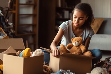 Teenager girl sorting toys. Gathering personal belongings to move to another home. Generate AI - obrazy, fototapety, plakaty