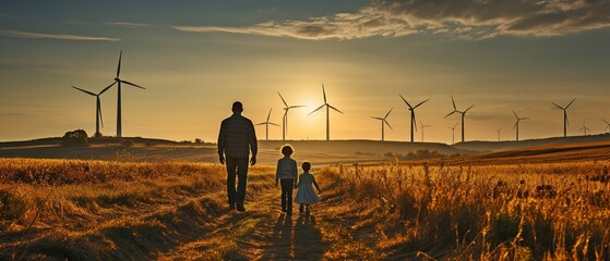 a family in the neighbourhood with alternative energy sources, such as wind turbines. - obrazy, fototapety, plakaty